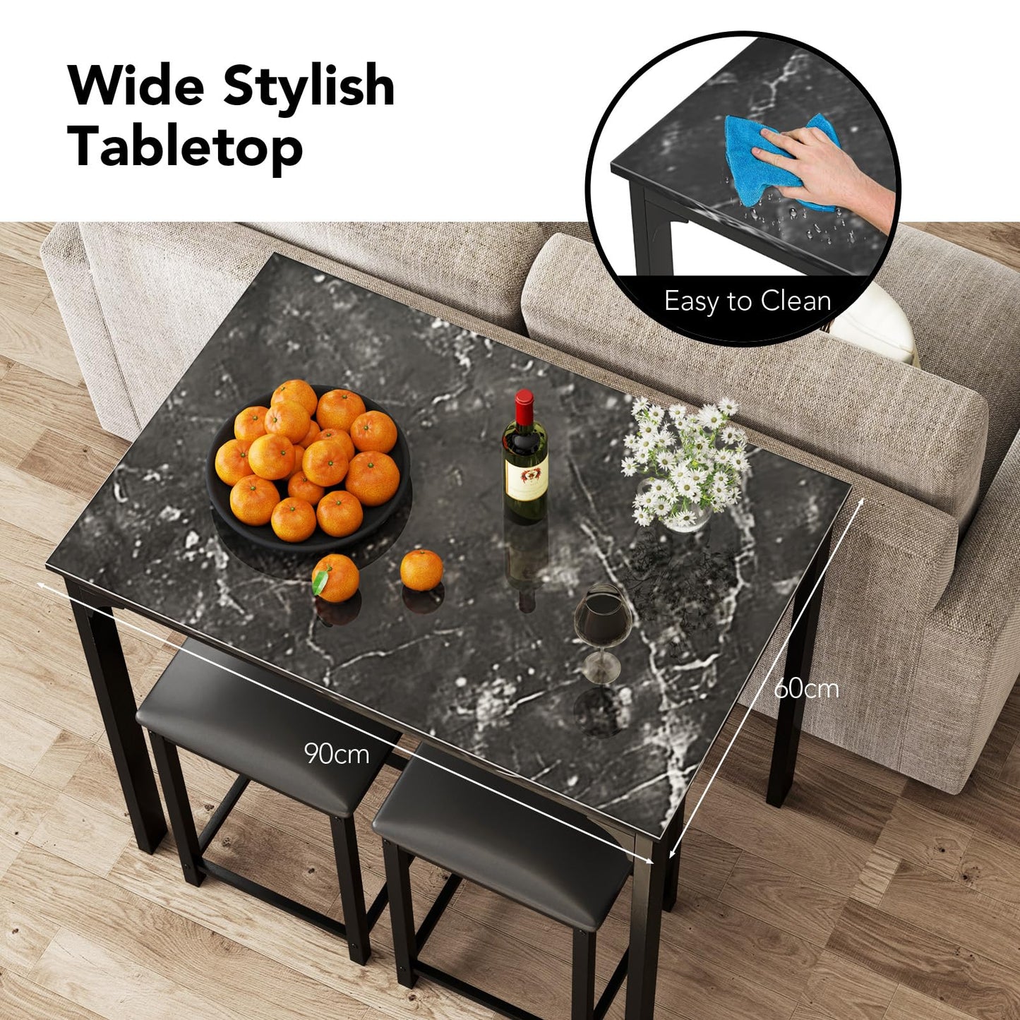 GiantexUK 3 Pieces Dining Table Set, Kitchen Counter Table Bar Table and Stools Set with PU Leather Pad