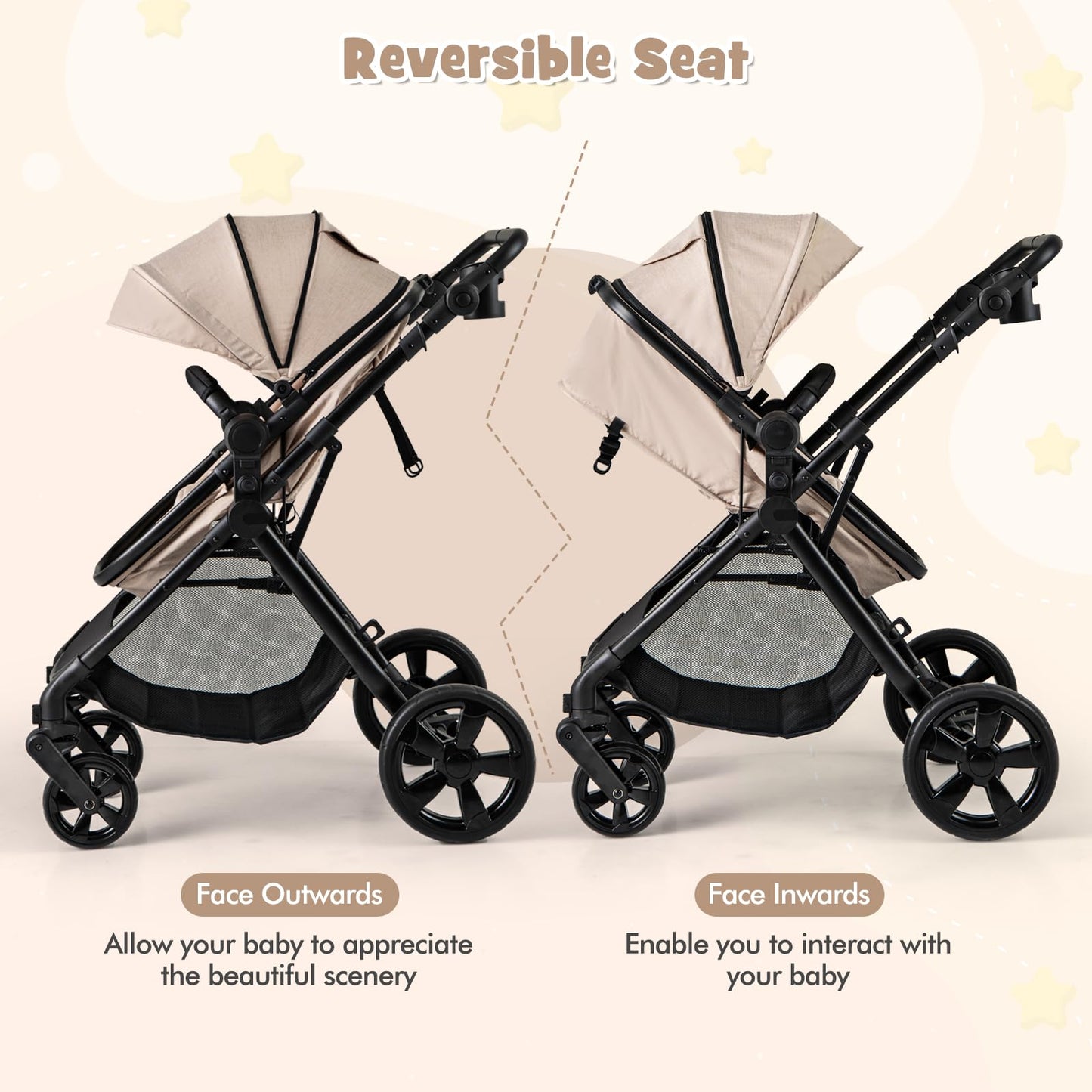 2 in 1 Baby Pushchair, Foldable Travel System Pram with Reversible Seat, Adjustable Canopy & Handle