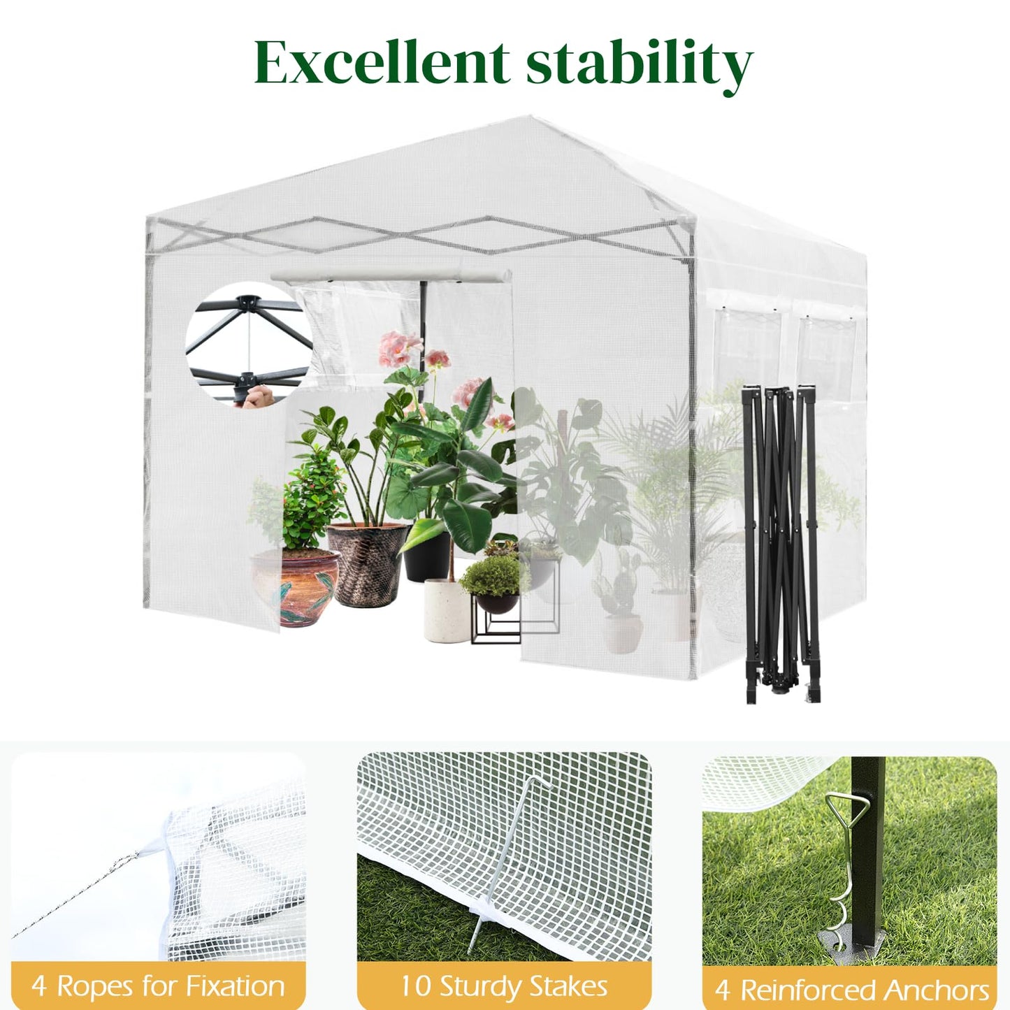 GiantexUK Walk In Greenhouse, Height Adjustable Pop-up Growhouse with PE Cover (300x300x255-275cm,4 Windows, White)