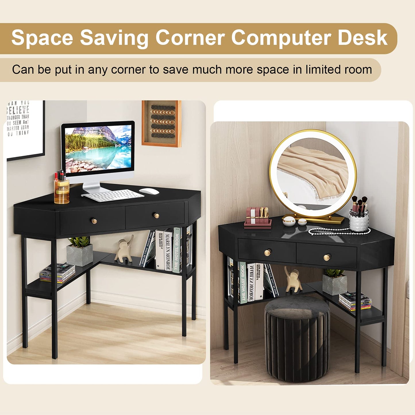 Corner Computer Desk, Triangle PC Laptop Table with 2 Drawer and Storage Shelves