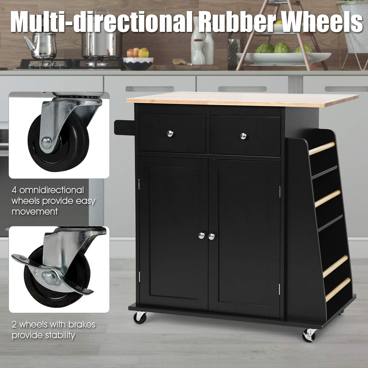 GiantexUK Kitchen Island on Wheels, Mobile Kitchen Storage Cart with 2 Drawers, 2-Door Cabinet