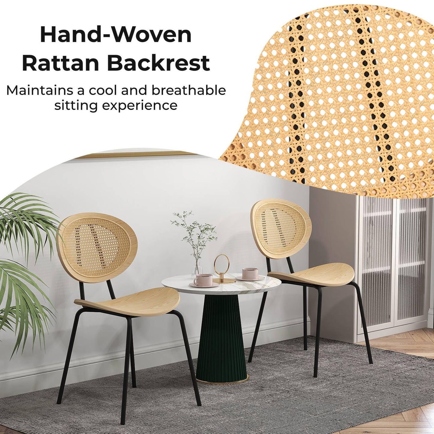 GiantexUK Dining Chairs Set of 2, Kitchen Chairs with Rattan Backrest, Curved Seat & Adjustable Foot Pad