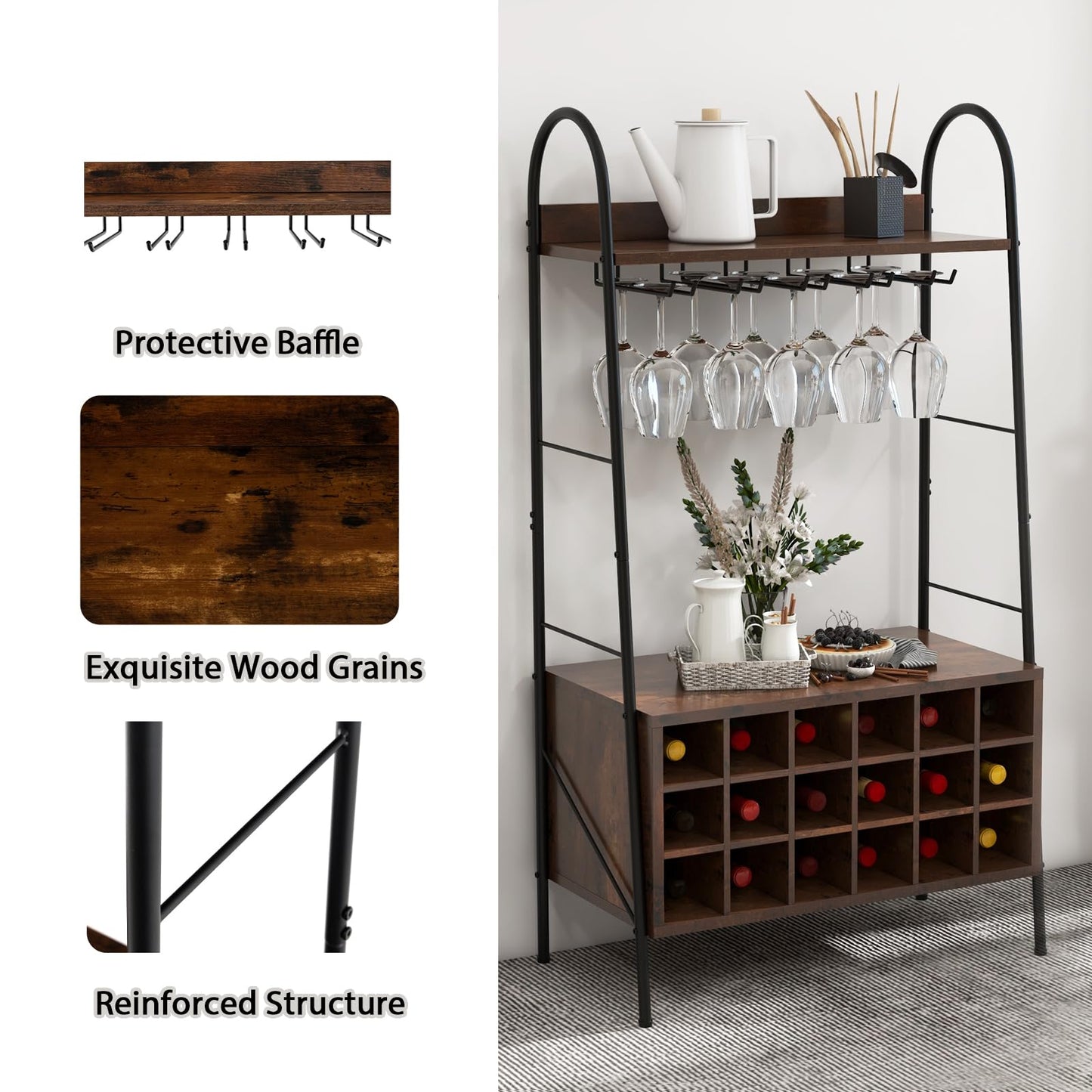 GiantexUK Wine Bar Cabinet, Freestanding Wine Baker’s Rack with Removable 18 Bottles Wine Rack