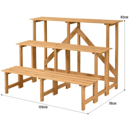 3-Tier Plant Stand, Fir Wood High Low Pots Ladder Shelf Rack with Slatted Tiers, Indoor Outdoor Flowers Display