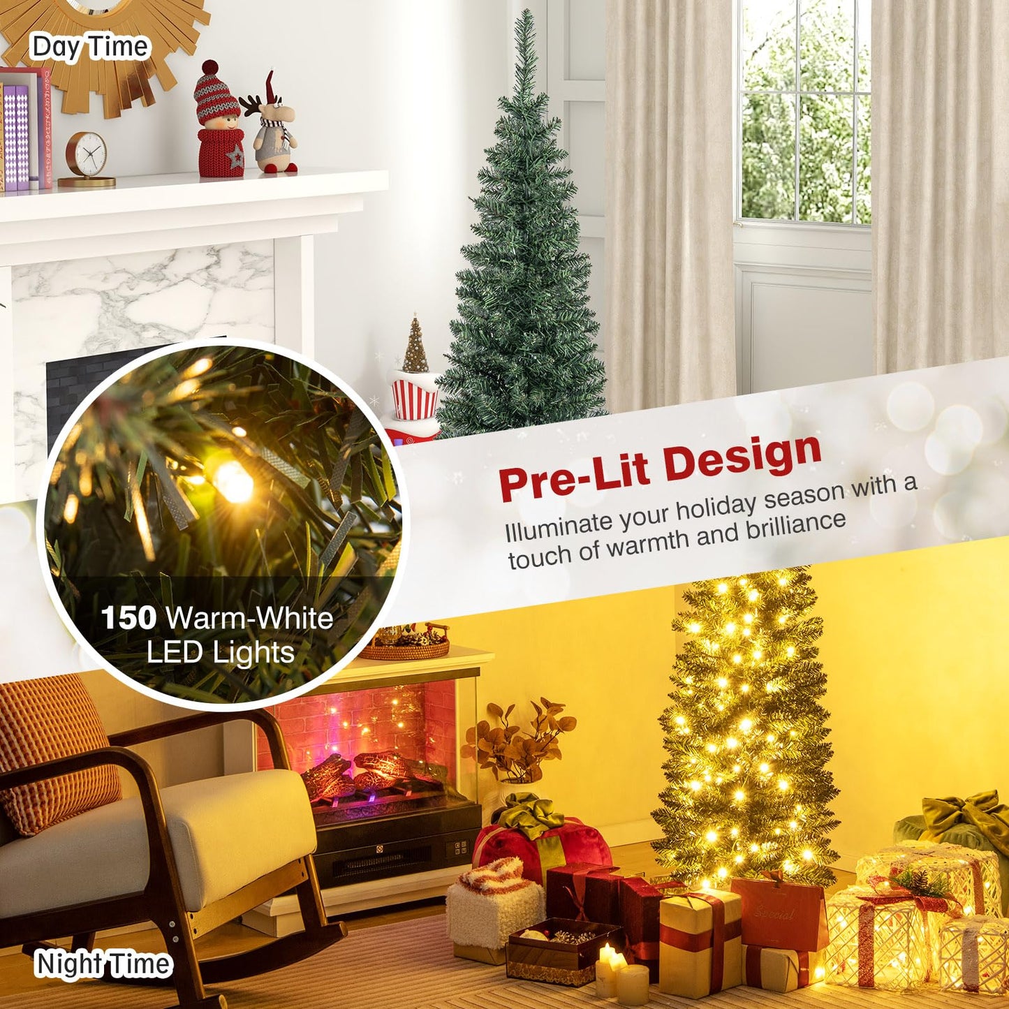 5FT Pre-Lit Artificial Christmas Tree, Slim Pencil Xmas Tree with 296 Branch Tips, 150 Warm-White LED Lights