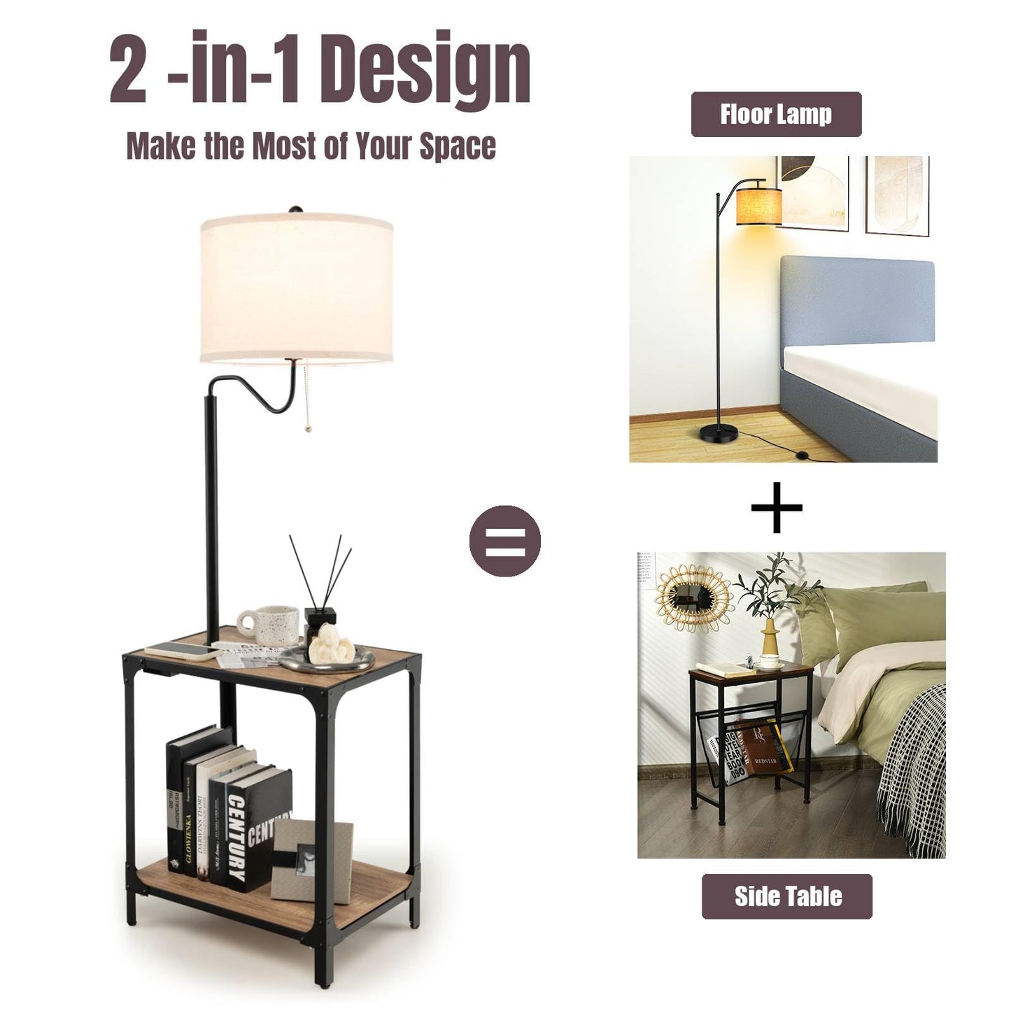 GiantexUK Floor Lamp with Table, Narrow Side End Table with 360° Rotatable Reading Light Lamp Attached