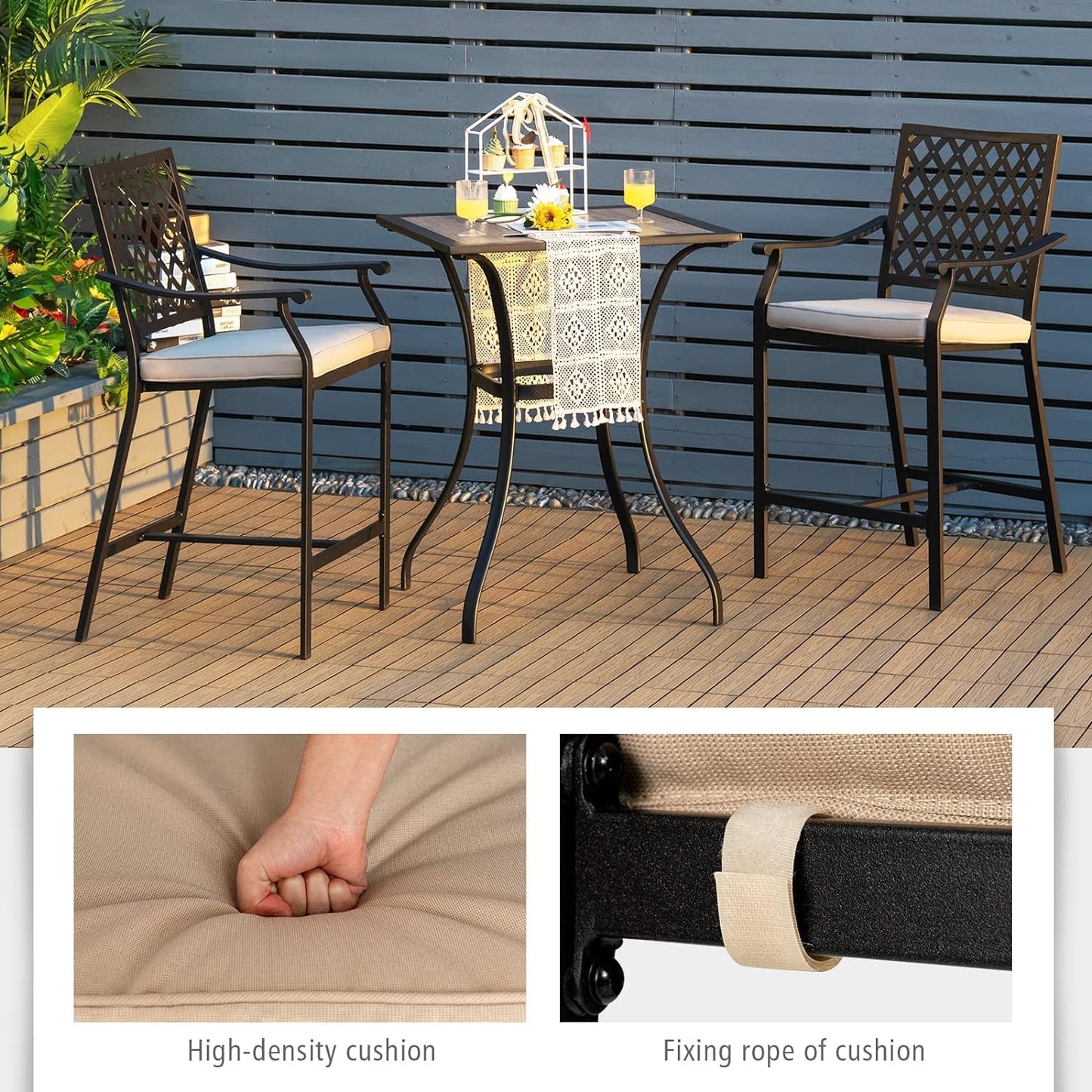 GiantexUK 3 PCS Patio Bistro Set, Metal Frame Garden Furniture Set with Cushions and Footrests