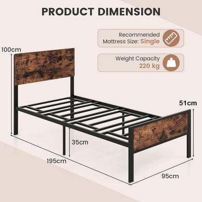 3FT Single Bed Frame, 35cm Metal Platform Bed with Rustic Headboard & Footboard