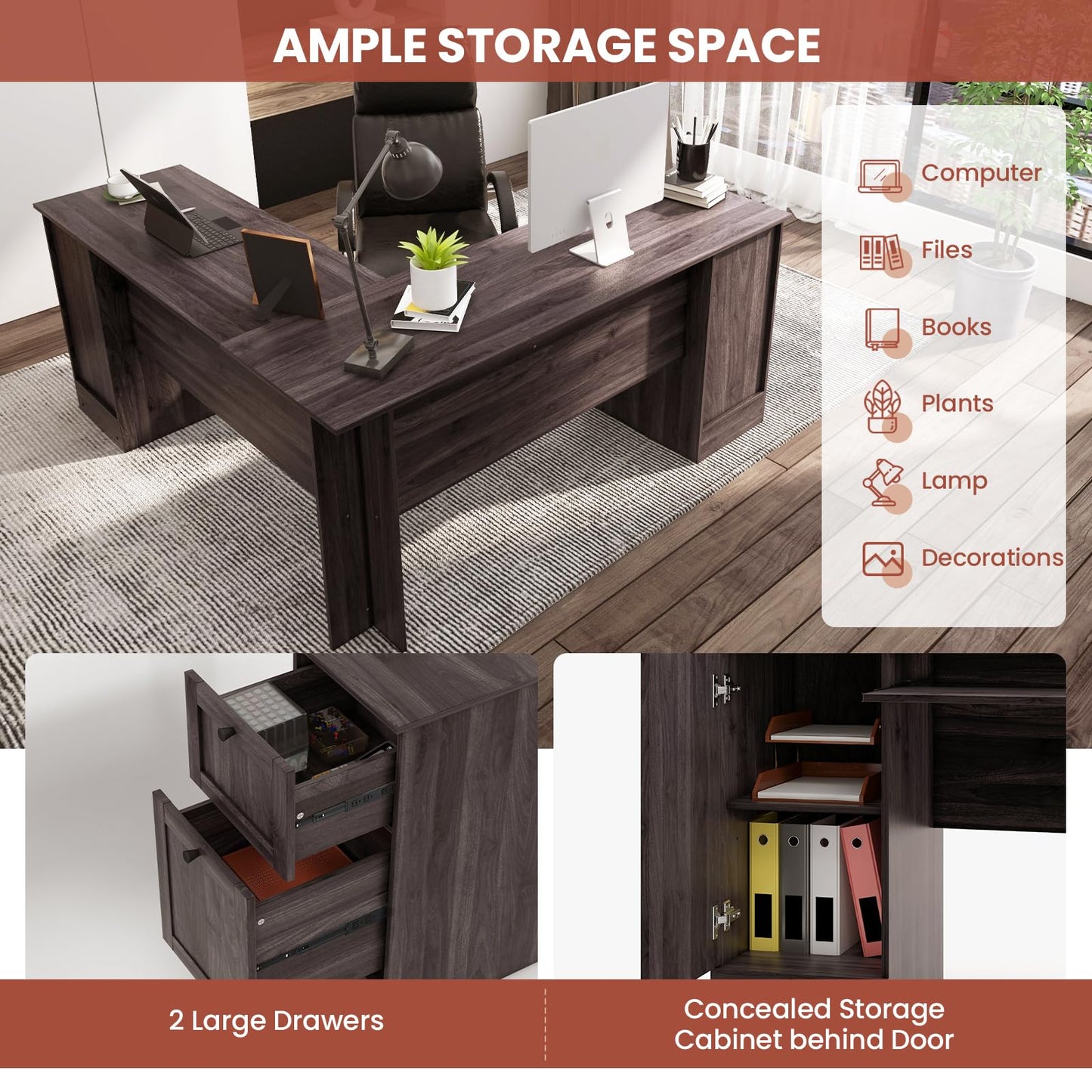 L-Shaped Computer Desk, 170cm Modern Large Corner Desk Writing Study Table with Drawers