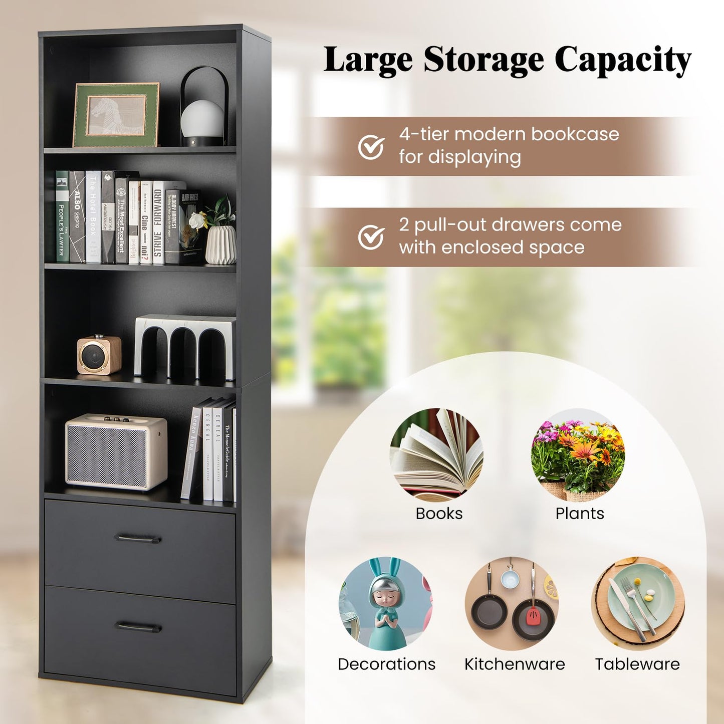 188cm Tall Bookcase, 6-Tier Wooden Bookshelf Storage Cabinet with 4 Open Shelves and 2 Drawers