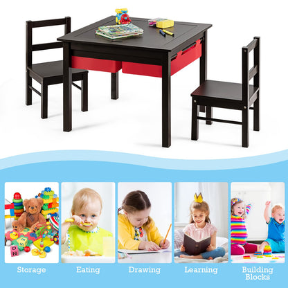 Kids Table and Chairs Set, Children Wooden Activity Table with Double-Sided Building Block Tabletop (Coffee)