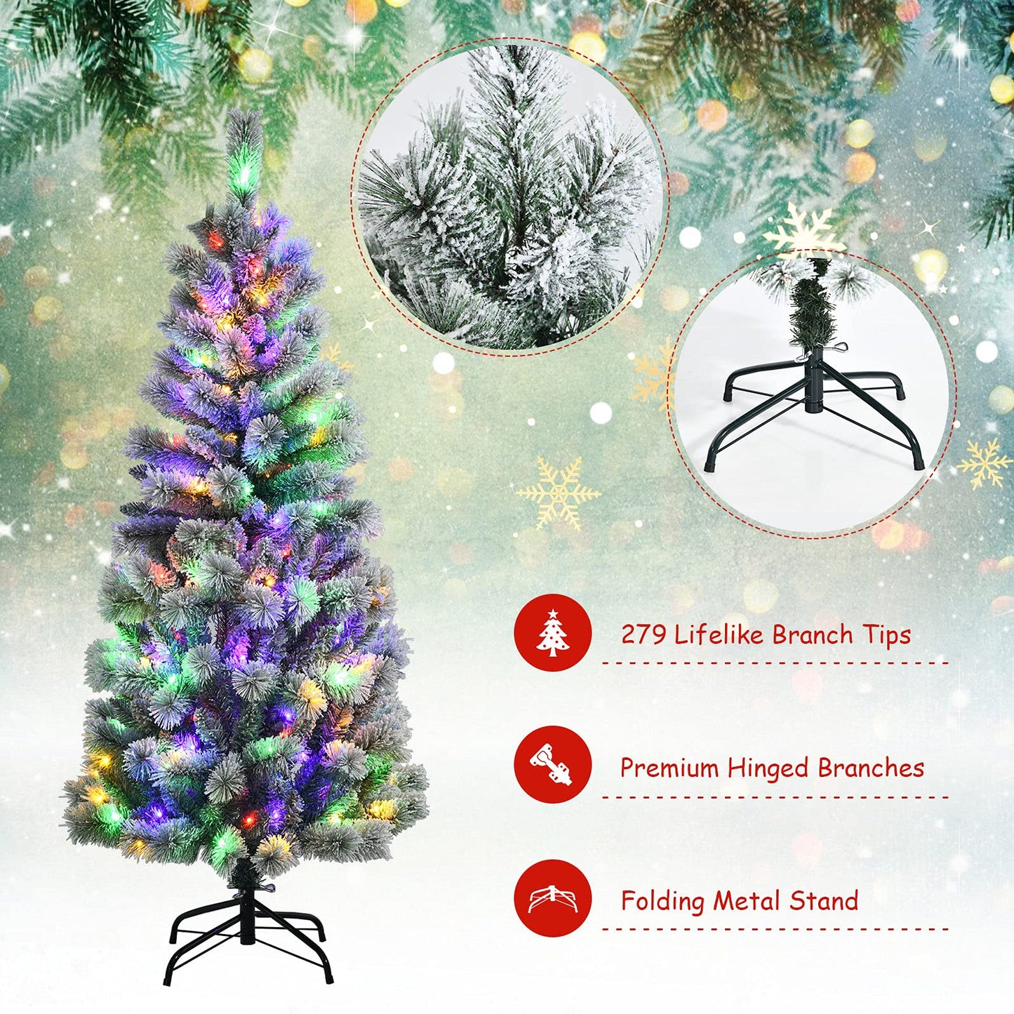 5ft/6ft Pre-lit Artificial Christmas Tree, Hinged Snow Flocked Xmas Tree with 140/200 LED Lights