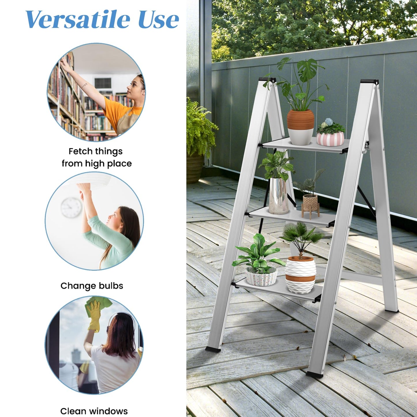 GiantexUK 3 Step Ladder, Aluminum Frame Folding Ladder with Non-slip Wide Pedal