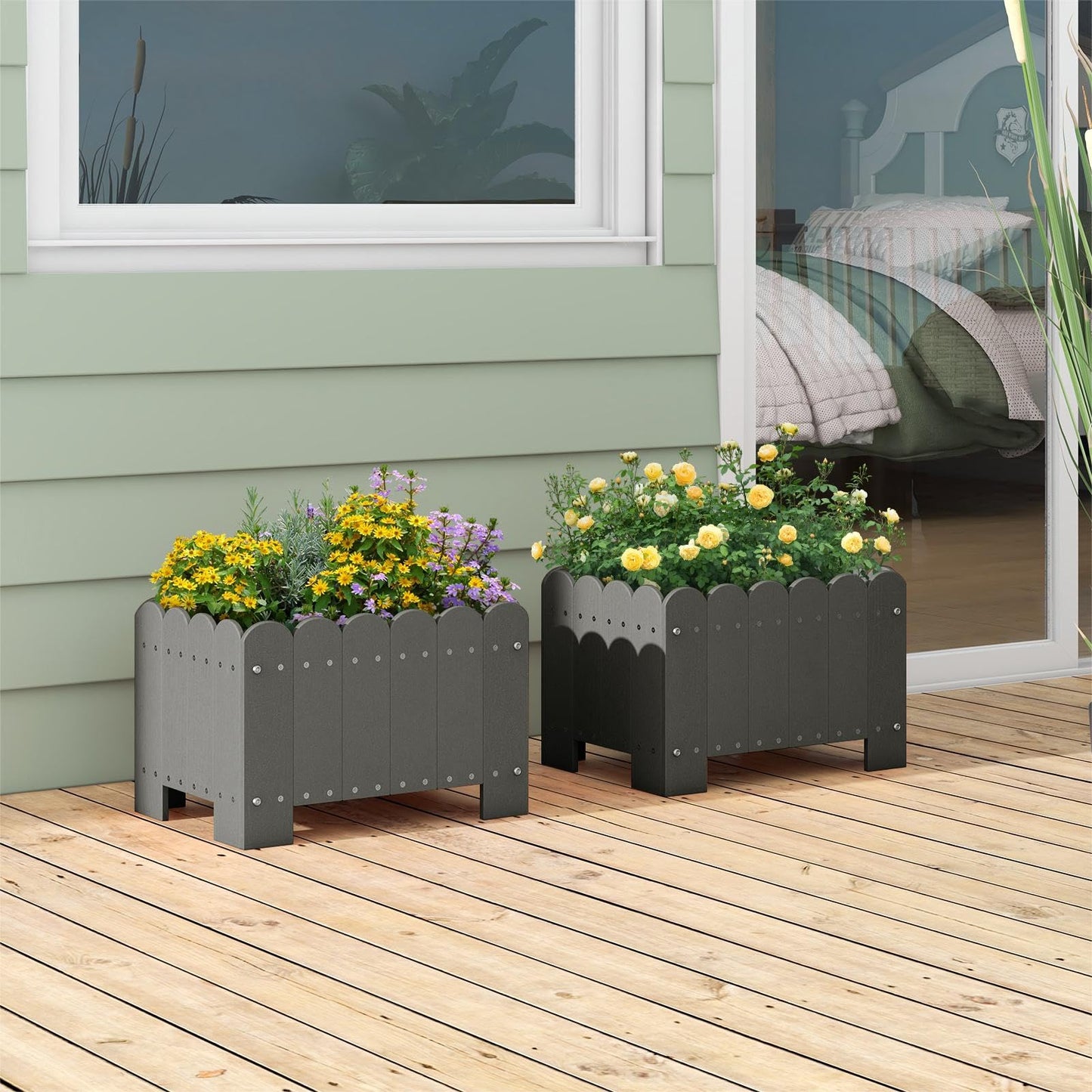 GiantexUK Raised Garden Bed Set of 2, HDPE Elevated Planter Box with Drainage Gaps