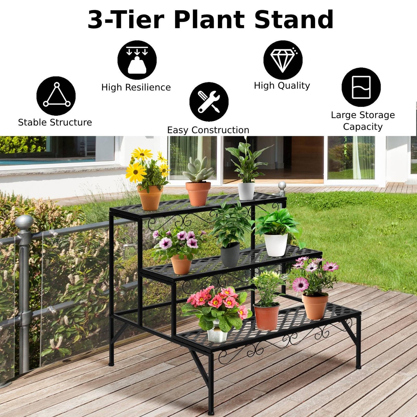 GiantexUK 3-Tier Metal Plant Stand, Ladder Shelf Flower Pot Holder (70 x 60 x 60cm)