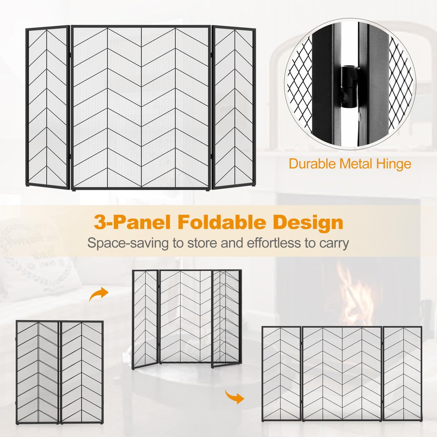 GiantexUK 3-Panel Folding Fire Guard, Heavy Duty Metal Mesh Fireplace Screen, Decorative Freestanding Spark Guard Safety Barrier (Herringbone Pattern, 132x79cm)