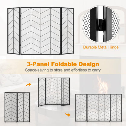 GiantexUK 3-Panel Folding Fire Guard, Heavy Duty Metal Mesh Fireplace Screen, Decorative Freestanding Spark Guard Safety Barrier (Herringbone Pattern, 132x79cm)