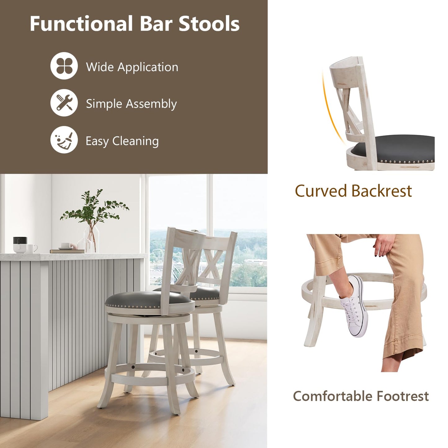 GiantexUK Bar Stools Set of 2, Swivel Counter Height Kitchen Bar Chairs with Backrest, PVC Cover Seat & Footrest