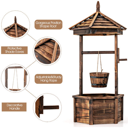 GiantexUK Wooden Wishing Well Planter, Garden Feature Flower Pot with Adjustable Hanging Bucket & Drainage Hole, 60 x 60 x 122cm