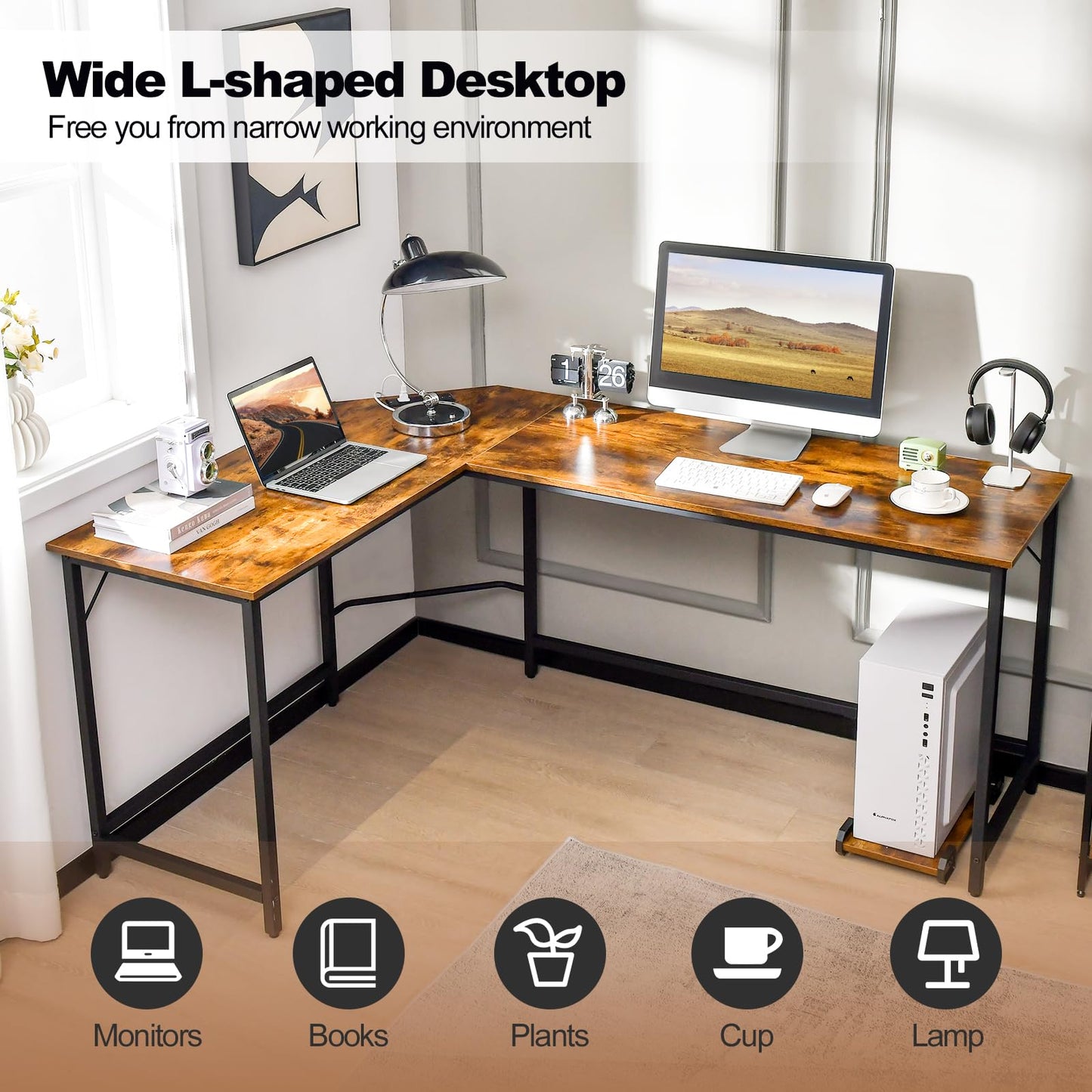 L-Shaped Computer Desk, 168cm Metal Frame Corner Writing Workstation with Charging Station