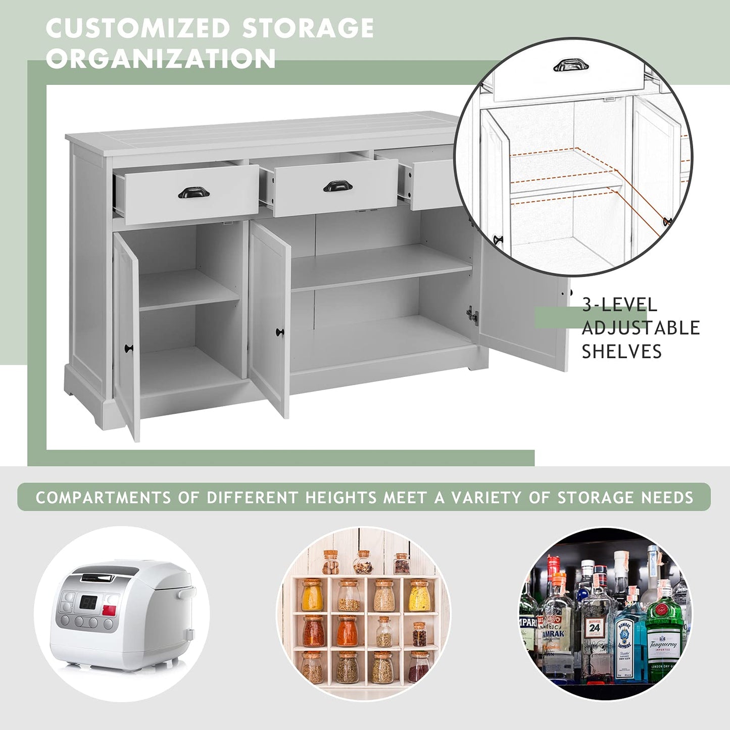 GiantexUK Kitchen Sideboard, Freestanding Buffet Cabinet with 3 Drawers, Doors Cabinets & Adjustable Shelf