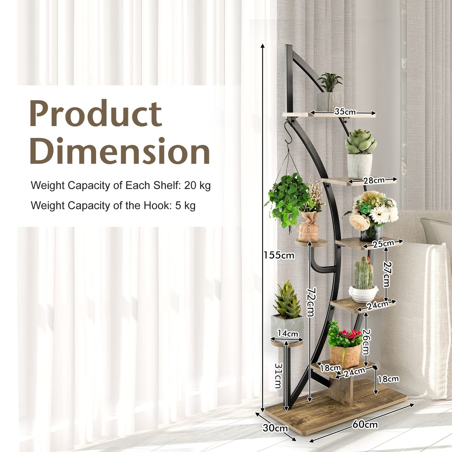 GiantexUK 8-Tier Plant Stand, Metal Garden Flower Pot Holder Display Rack with Top Hook and Anti-Toppling Device