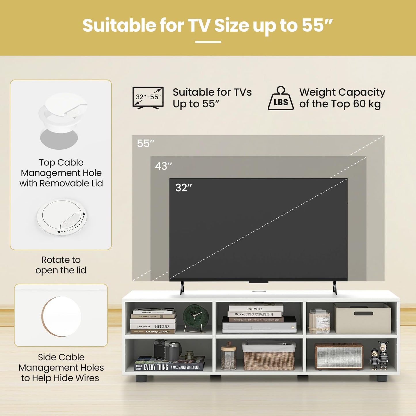 TV Stand for TVs up to 55", Wooden TV Cabinet Media Entertainment Center with Storage Cubes and Adjustable Shelves(White, 6 Cubes)