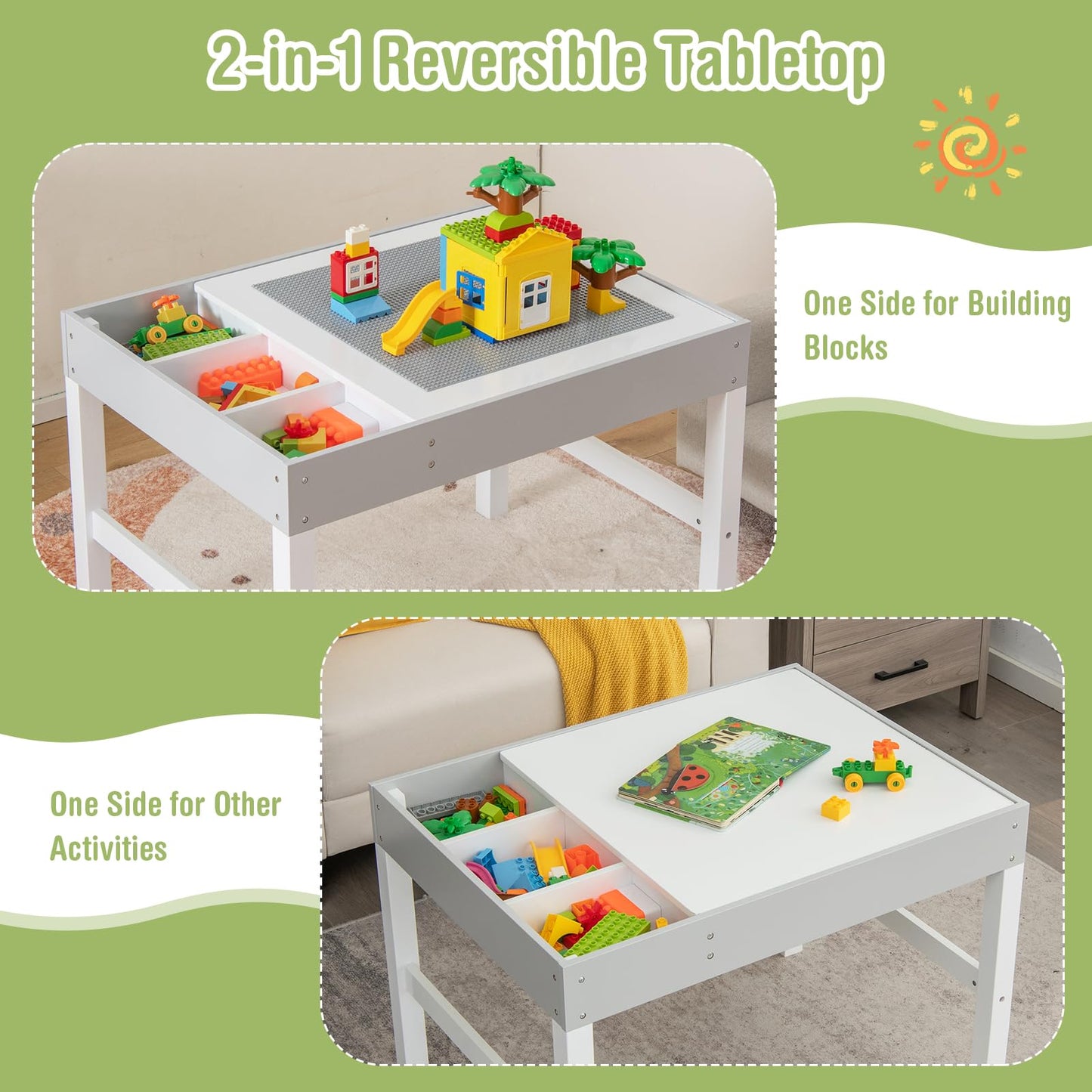 3-in-1 Kids Activity Table, Wooden Children Building Blocks Table with Reversible Tabletop and Storage