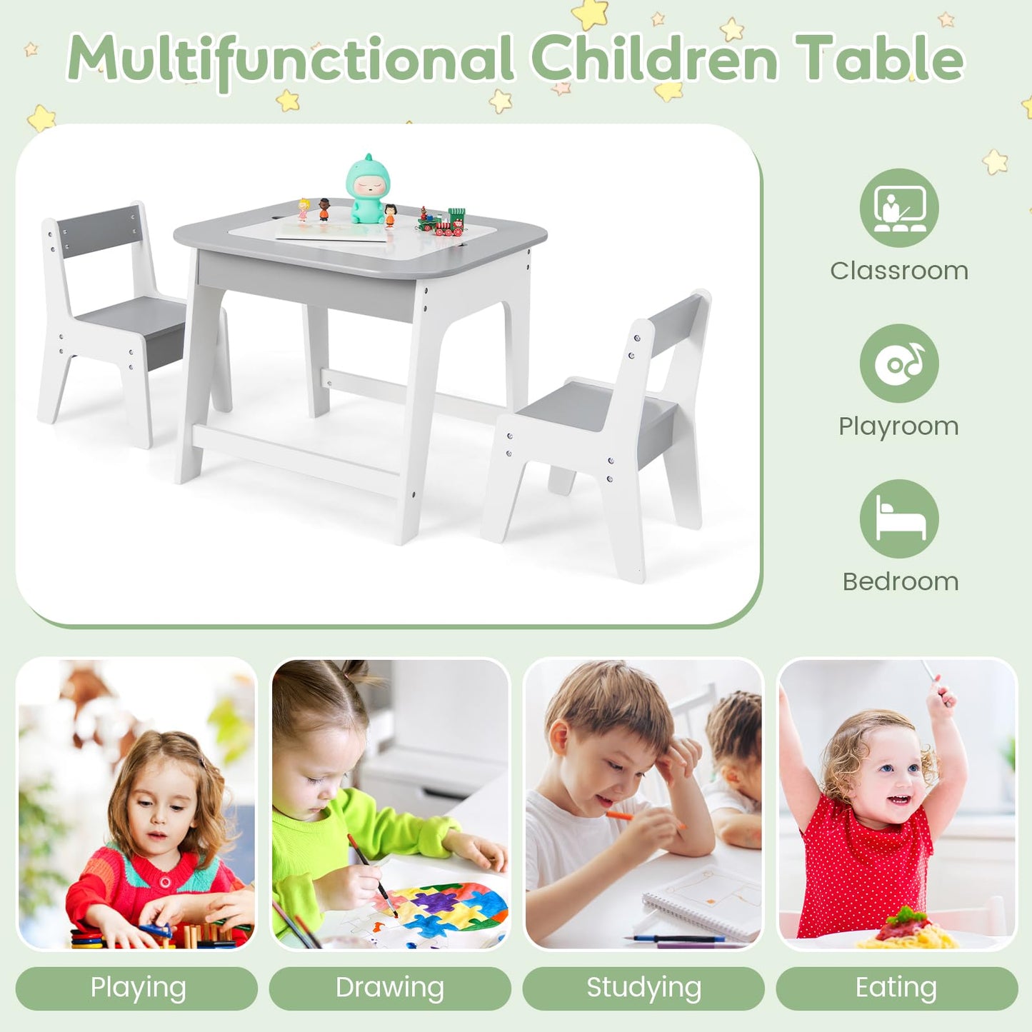 Kids Table and Chairs Set, Wooden Toddler Activity Table Set with Double-Sided Tabletop and Hidden Storage