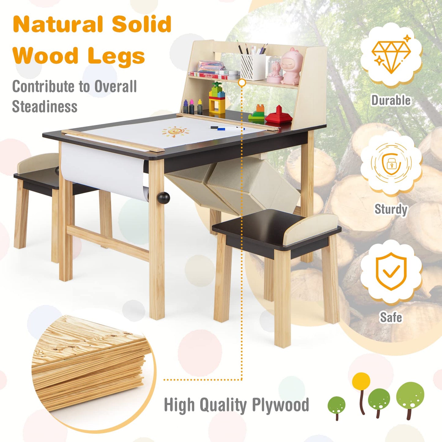 Kids Art Table and Chairs Set, Wooden Toddler Craft Desk with 2-Tier Open Shelf and 2 Storage Bins