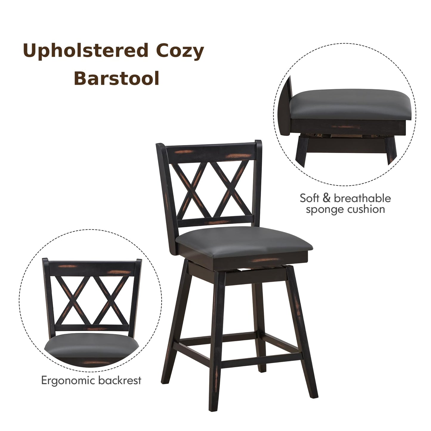 GiantexUK Bar Stools Set of 2, Upholstered 360° Swivel Barstools with Slatted Back & Footrest