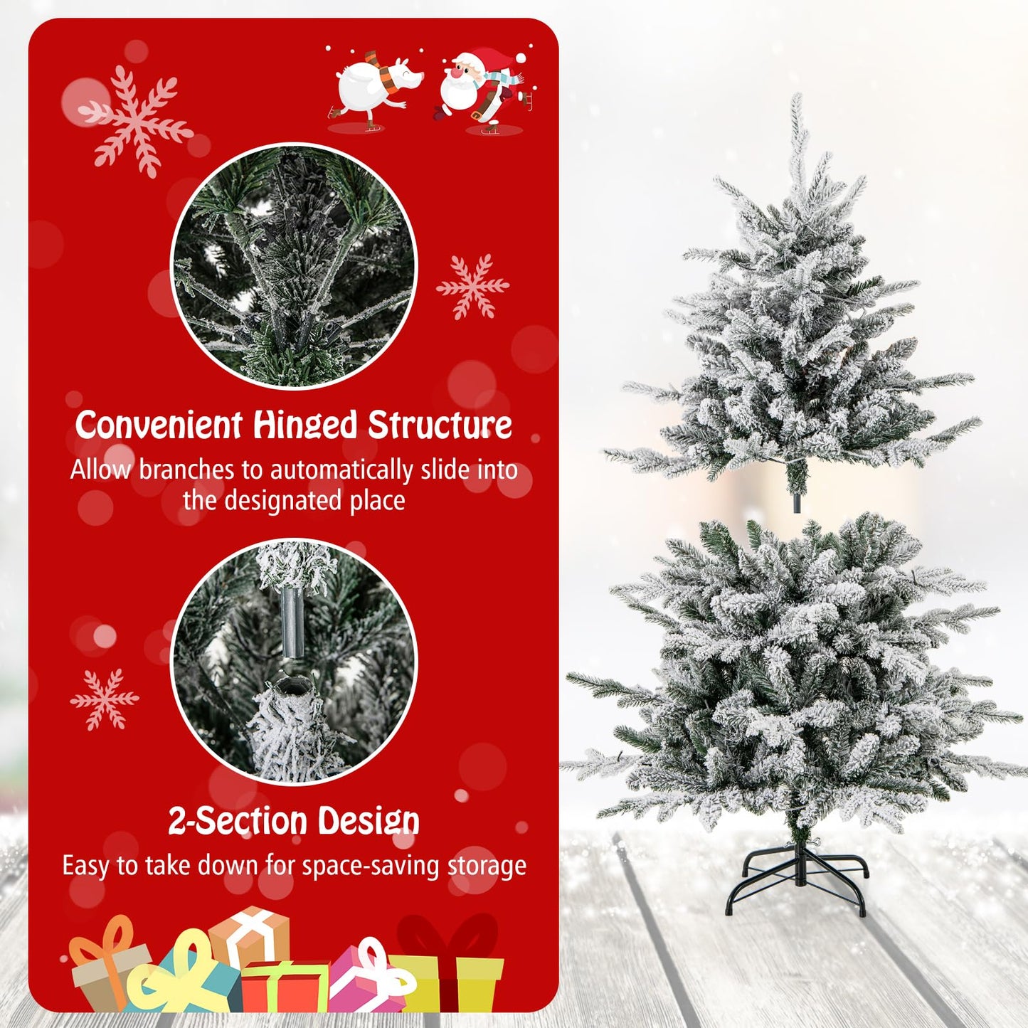 4.5FT/6FT Pre-lit Artificial Christmas Tree, Snow Flocked Full Xmas Tree with PVC & PE Tips