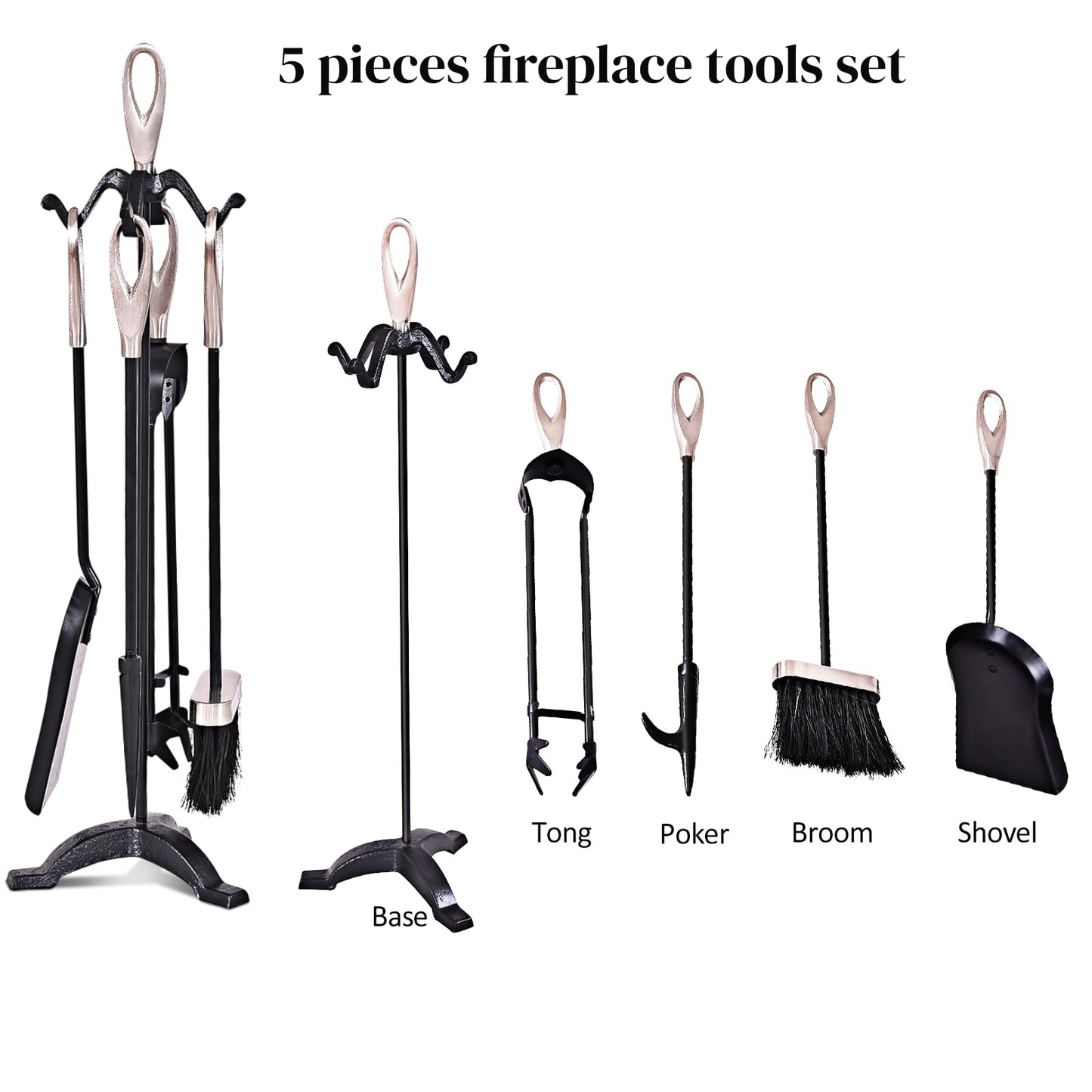 GiantexUK 5-Piece Fireplace Companion Set, Wrought Iron Fire Place Tools Set with Stand, Tong, Shovel, Brush & Poker