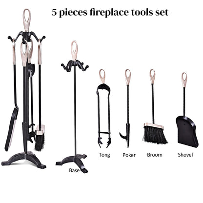 GiantexUK 5-Piece Fireplace Companion Set, Wrought Iron Fire Place Tools Set with Stand, Tong, Shovel, Brush & Poker