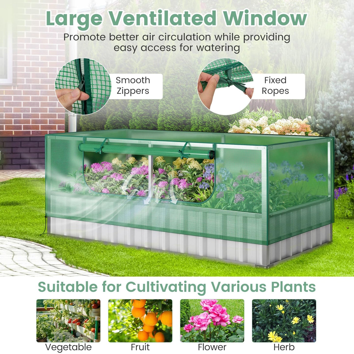 GiantexUK Raised Garden Bed with Greenhouse, 2-in-1 Galvanized Metal Rectangular Planter Box with PE Cover & Roll-up Zipper Window