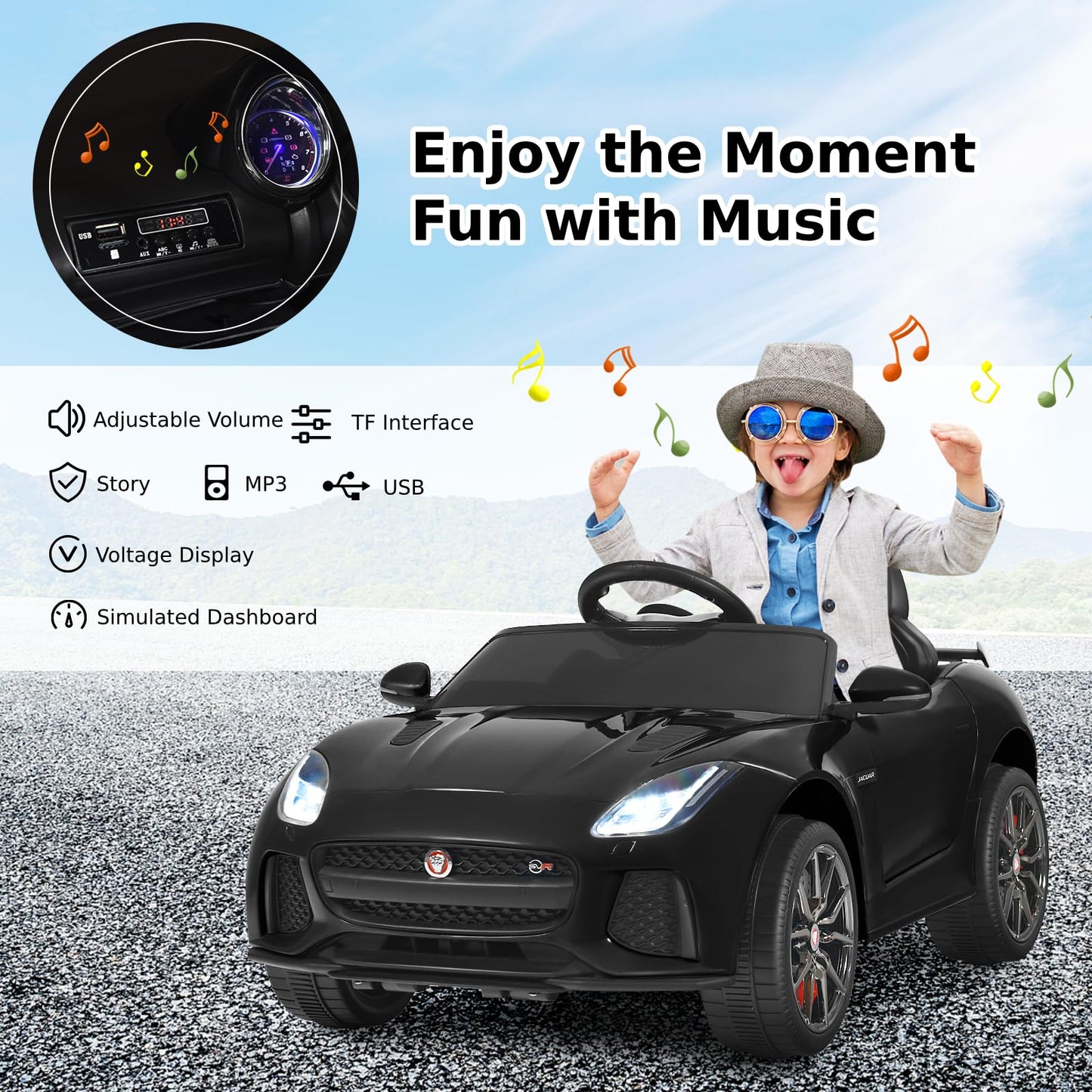 Electric Kids Ride On Car, 12V Licensed Jaguar F-Type SVR Battery Powered Toy Vehicle with Remote Control