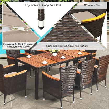 GiantexUK Outdoor 7/9 Pieces Rattan Dining Set, Patio Wicker Furniture Set with Acacia Wood Tabletop & Cushions