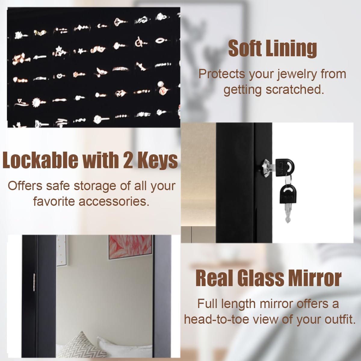 15 LED Lights Jewellery Cabinet, 2-in-1 Hanging or Wall Mounted Jewelry Armoire with Full Length Mirror and Built-in Mirror