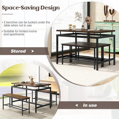 Dining Table with 2 Benches, 3 Piece Kitchen Table and Benches Set with Adjustable Foot Pads