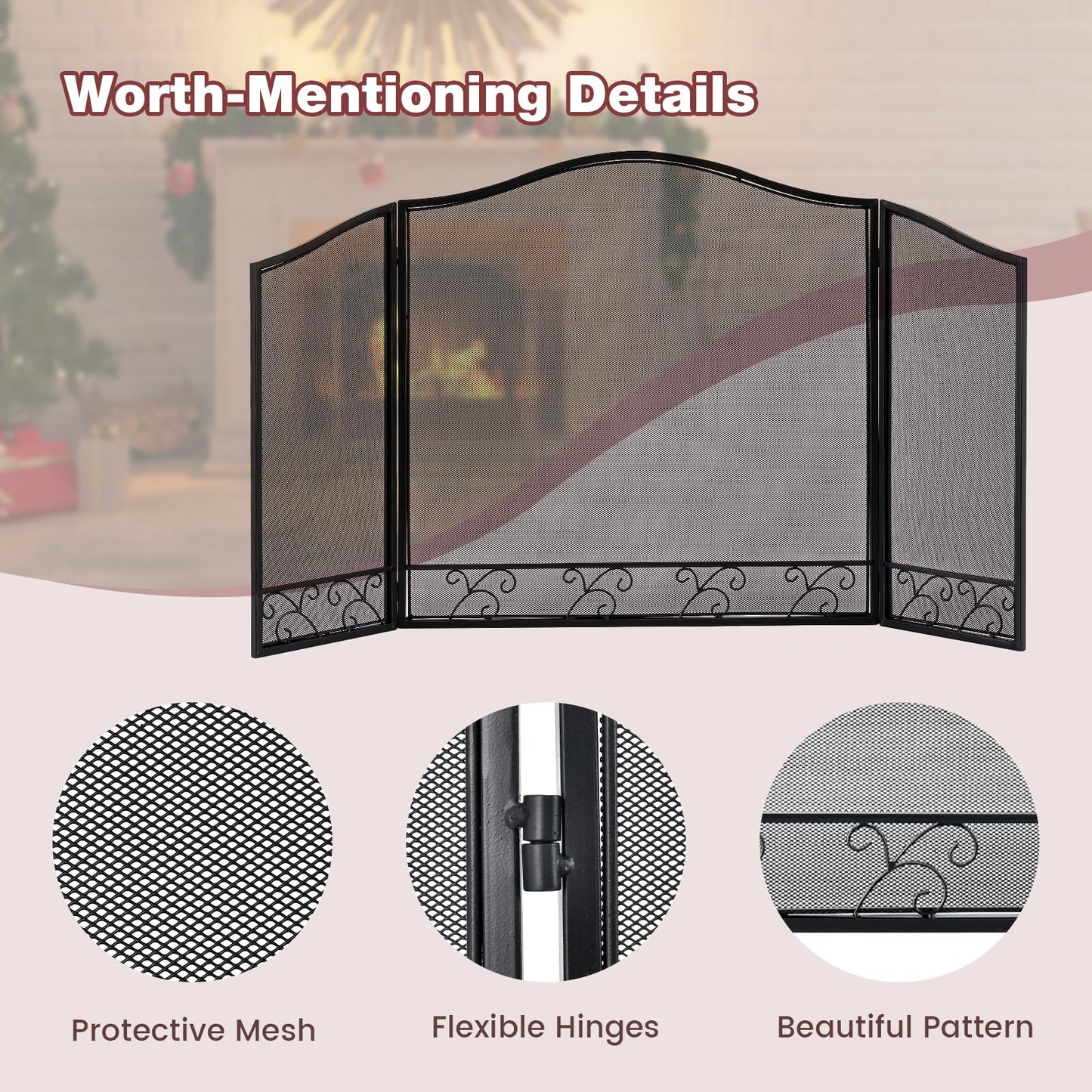 GiantexUK 3-Panel Folding Fire Guard, Metal Mesh Fireplace Screen (Leaf Pattern, 93 x 59cm)