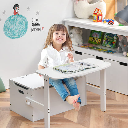 3 in 1 Toddler Table and Chair Set, Convertible Kids Bench Storage Chest with Safety Hinge