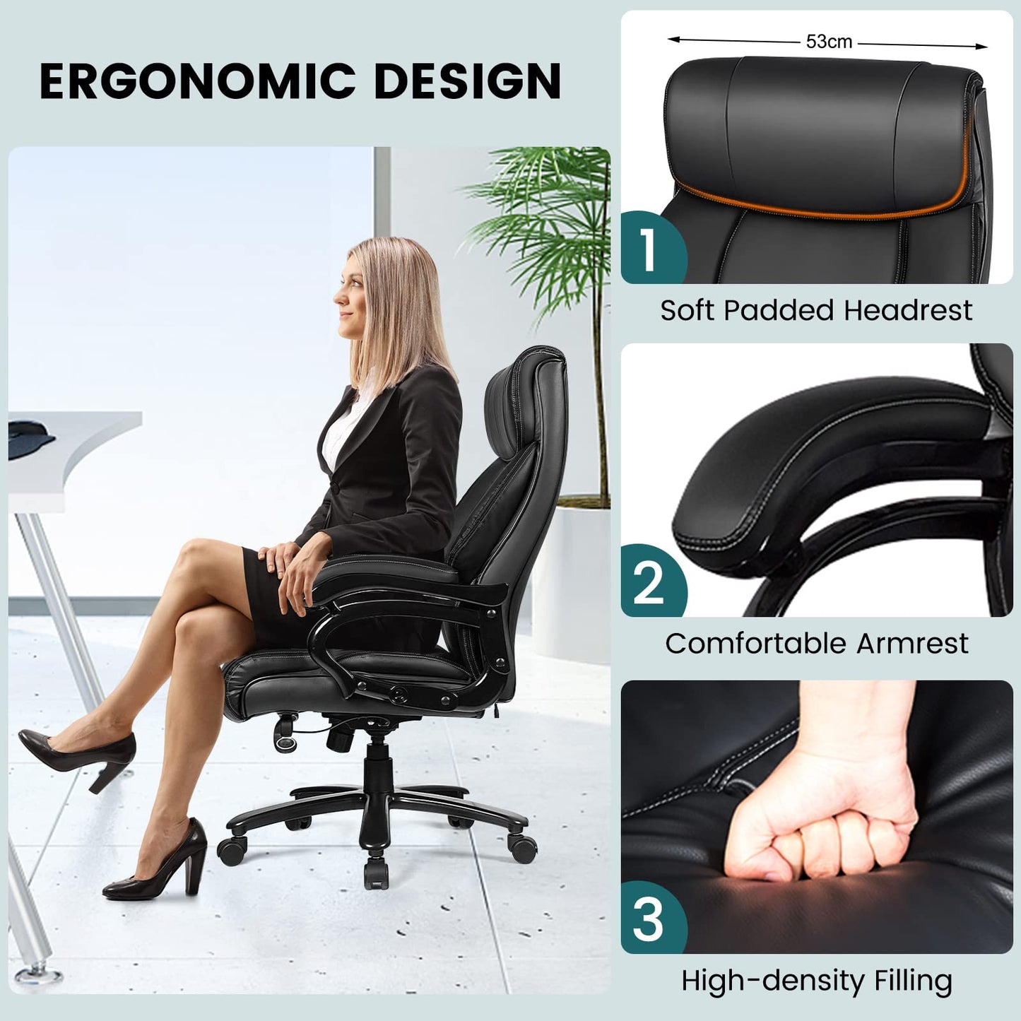 400LBS Big & Tall Executive Office Chair, Height Adjustable PU Leather Computer Desk Chair with Rocking Backrest