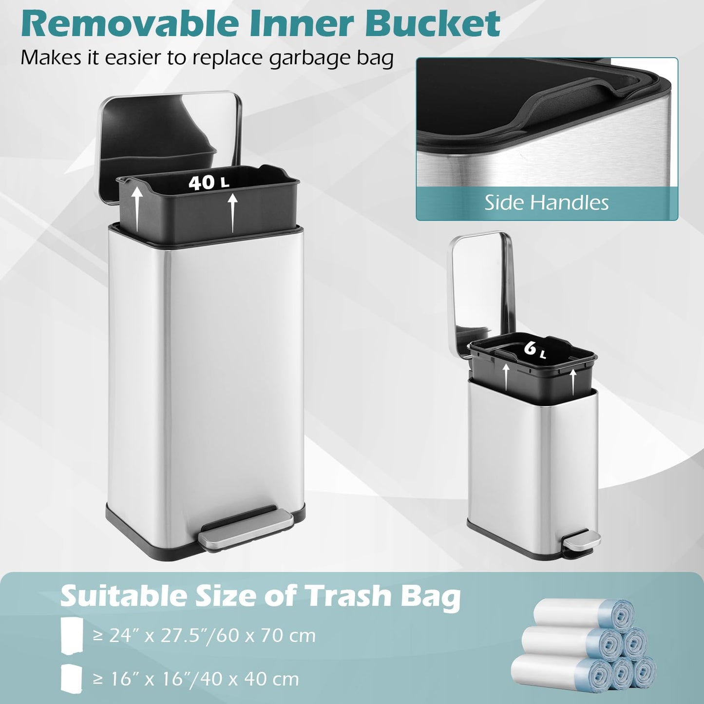 GiantexUK 40L and 6L Trash Bin Combo Set, Stainless Steel Waste Cans with Removable Inner Buckets