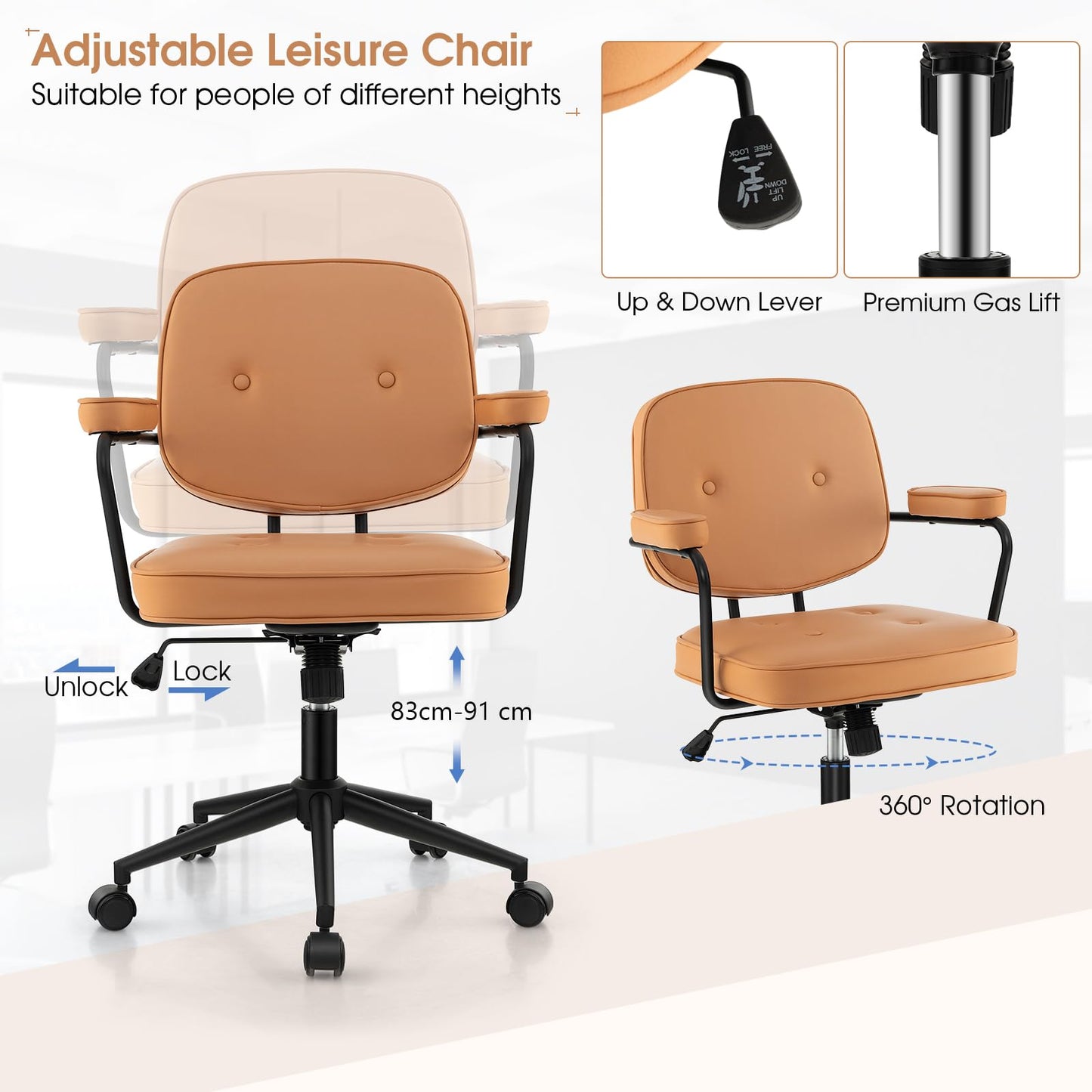 PU Leather Office Chair, Height Adjustable Rocking Swivel Computer Desk Chairs