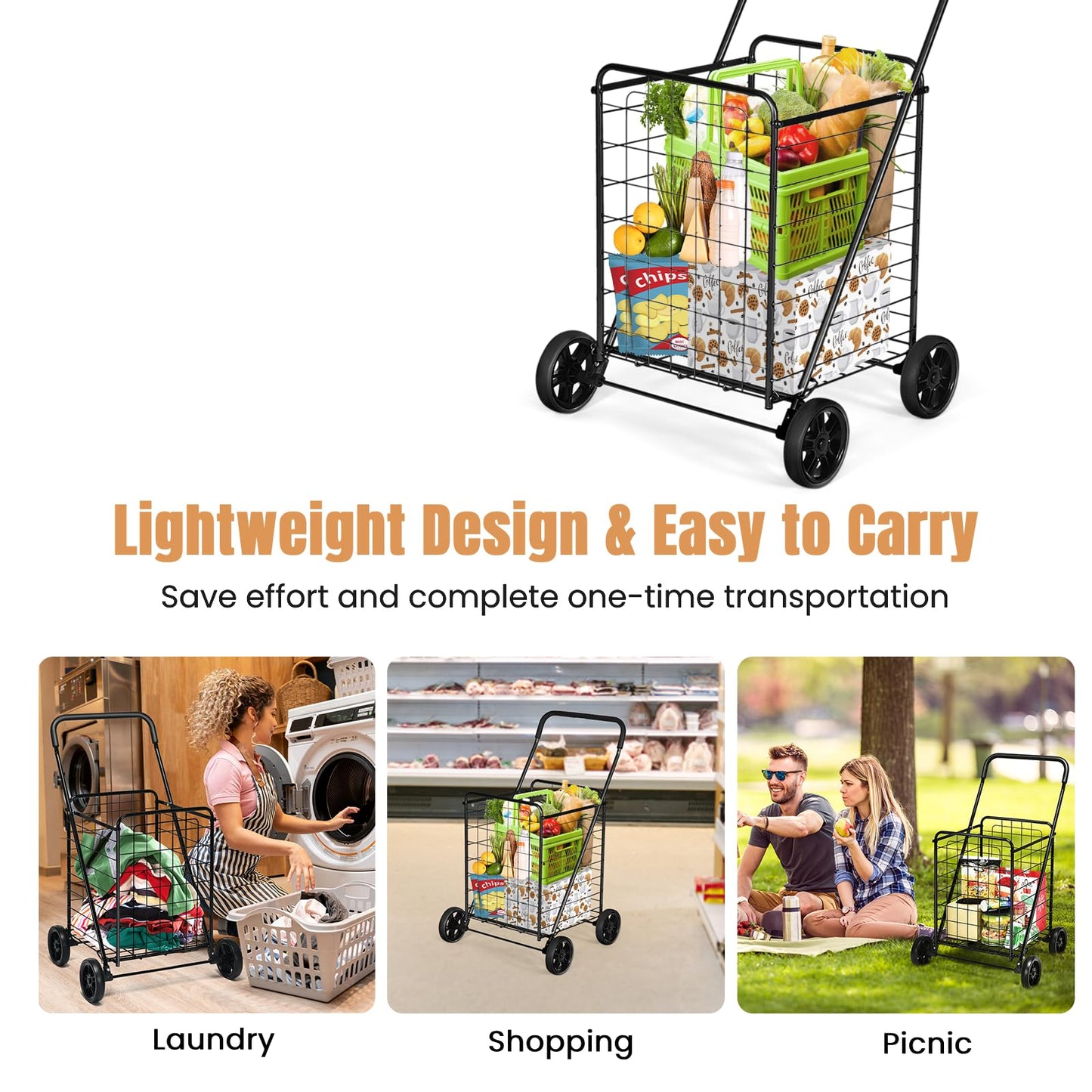 GiantexUK Shopping Cart on Wheels, Folding Metal Grocery Trolley with Foam-wrapped Handle