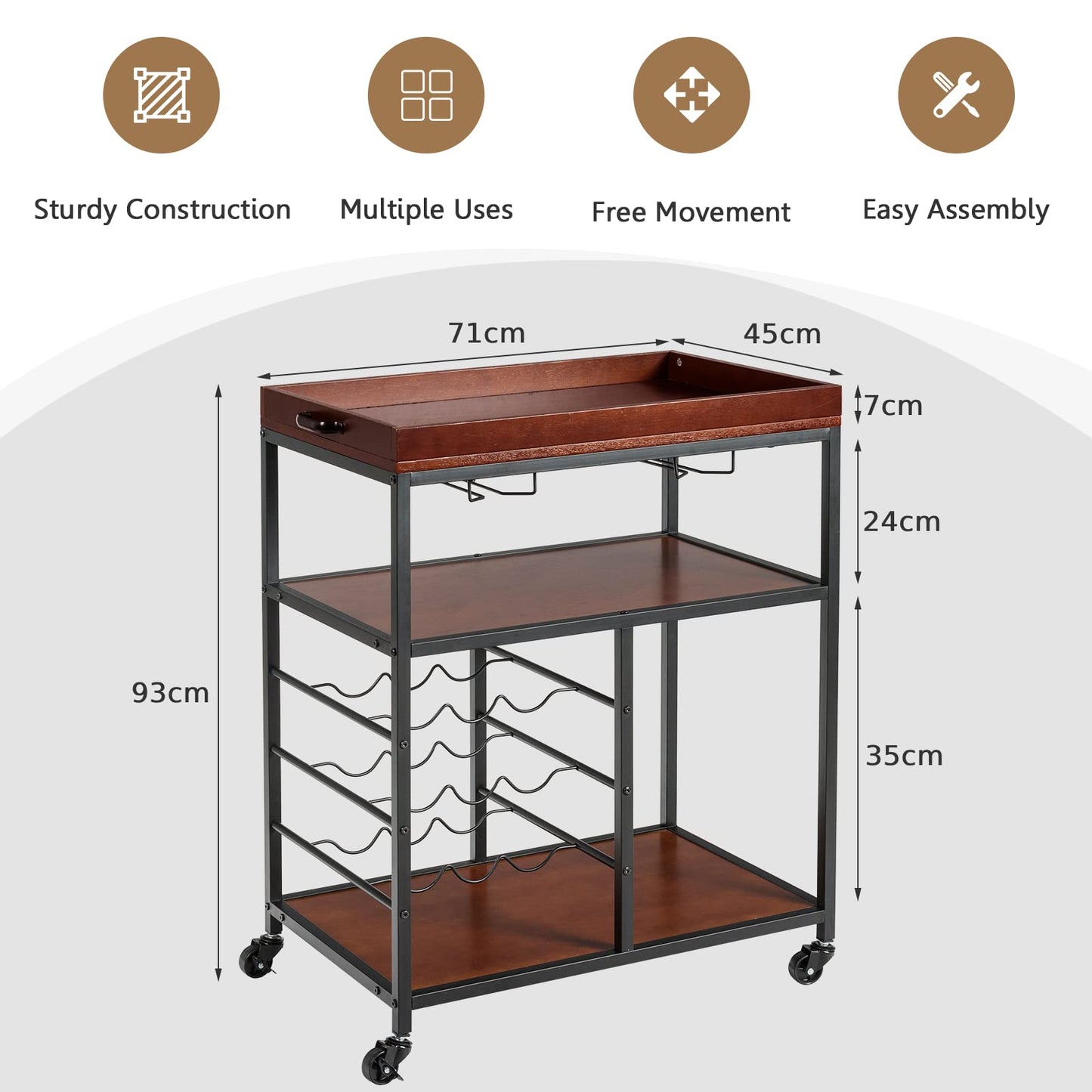 GiantexUK Kitchen Serving Cart, 3 Tier Rolling Cart Trolley with Wine Rack and Handle (3 Tiers Wine Rack, 71 x 45 x 93cm)