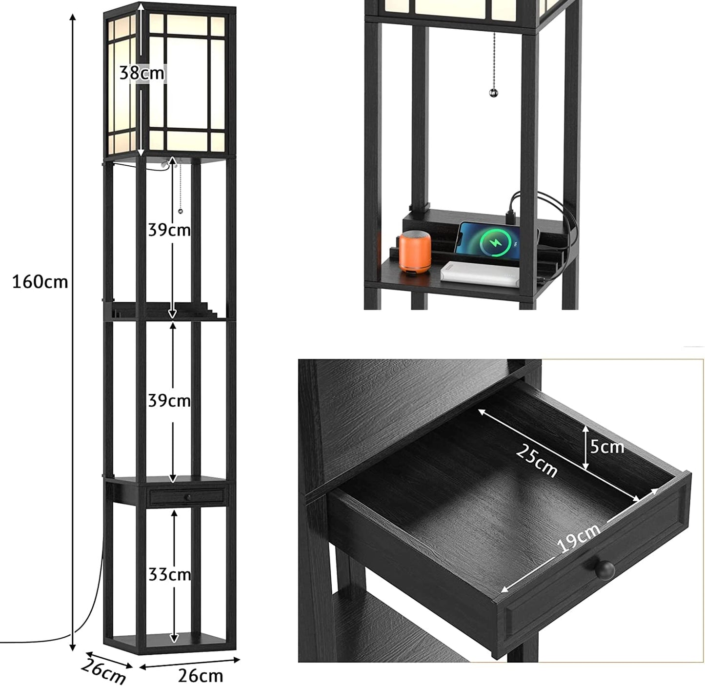 GiantexUK Floor Lamp with Shelves, 3 Layers Tall Standing Light with 2 USB Charging Ports and 1 Drawer (Linear Patterns)