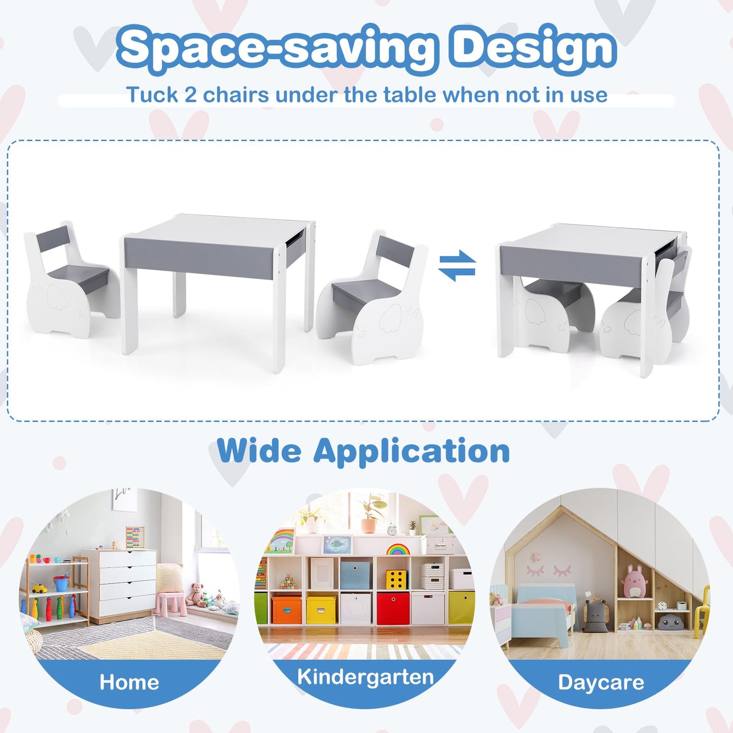 Kids Table and Chair Set, Wooden Children Study Desk with 2 Chairs, Reversible Blackboard Tabletop & Hidden Storage