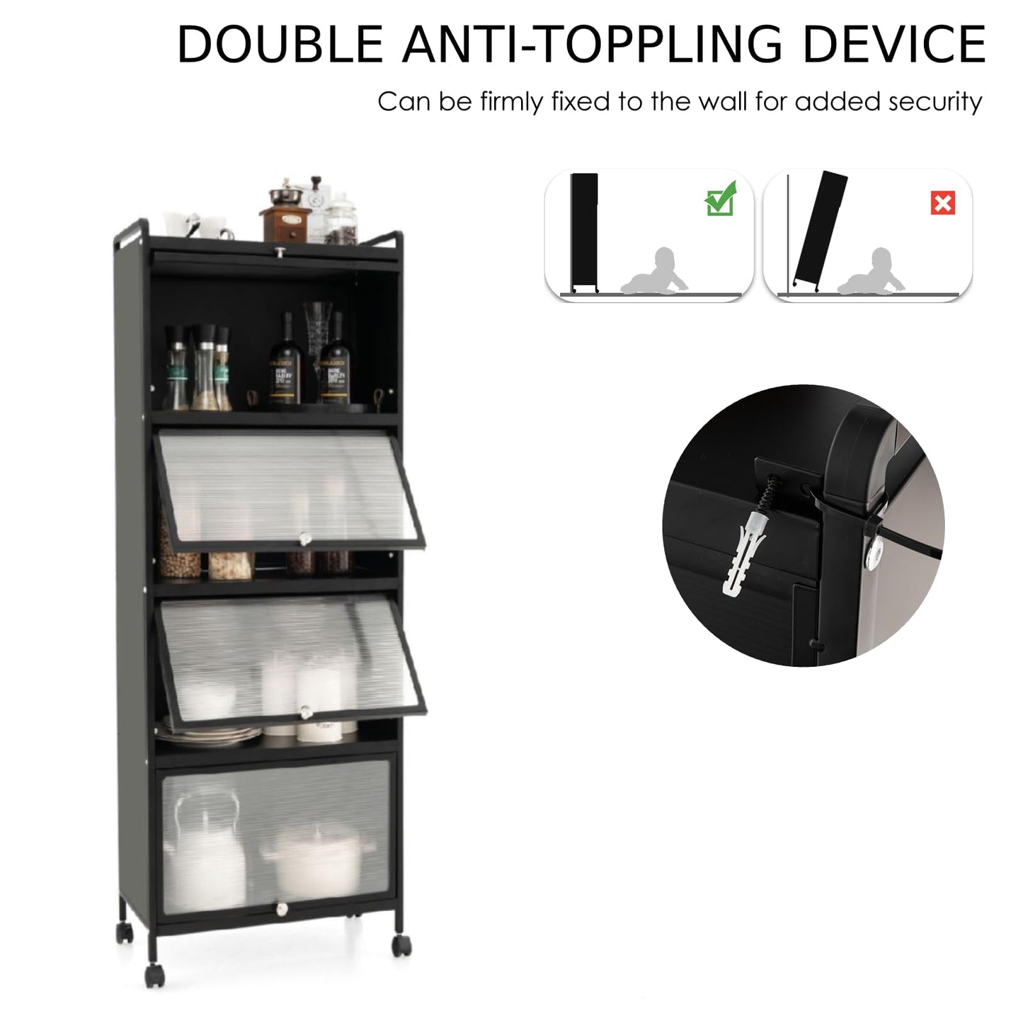 GiantexUK Kitchen Storage Shelf on Wheels, 5-Tier Backer Rack with Flip-up Doors & Anti-toppling Device