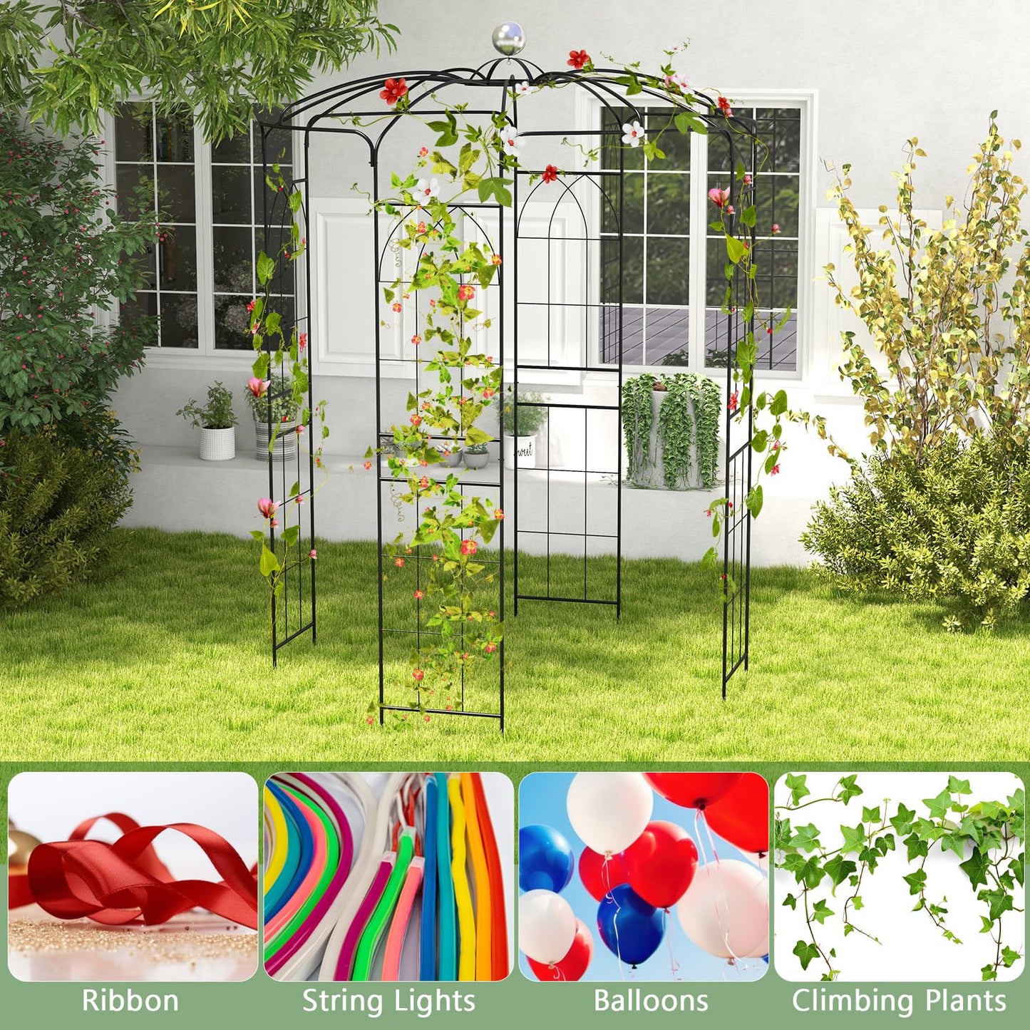 GiantexUK 4-Sided Birdcage Metal Garden Arch, 206x206x286cm Trellis Gazebo Pergola Pavilion Arbour with Hanging Hook & Ground Stakes